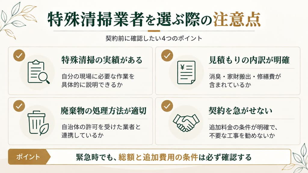 孤独死の特殊清掃業者を選ぶ際の注意点